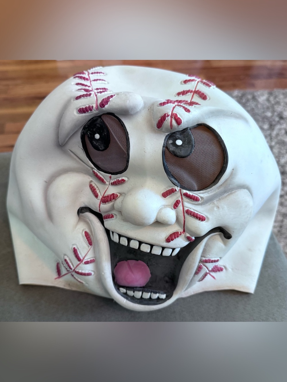 White Baseball-Stitch Head with Laughing Face Mask with Mesh Eyes